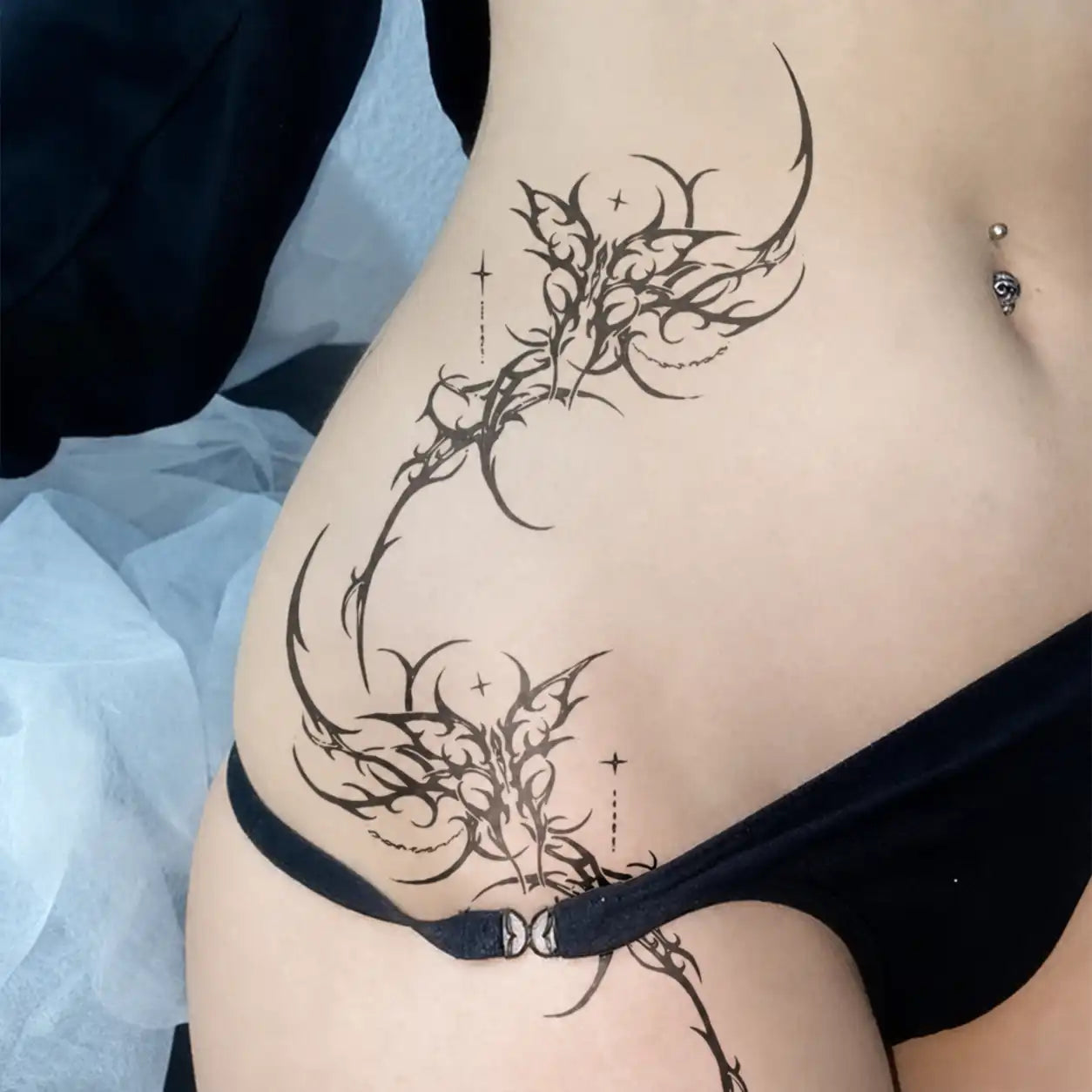Wicked Thorn Hip temporary tattoo, view 2 — Yuka Ink