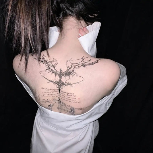 Crowned Wings Back temporary tattoo — Yuka Ink