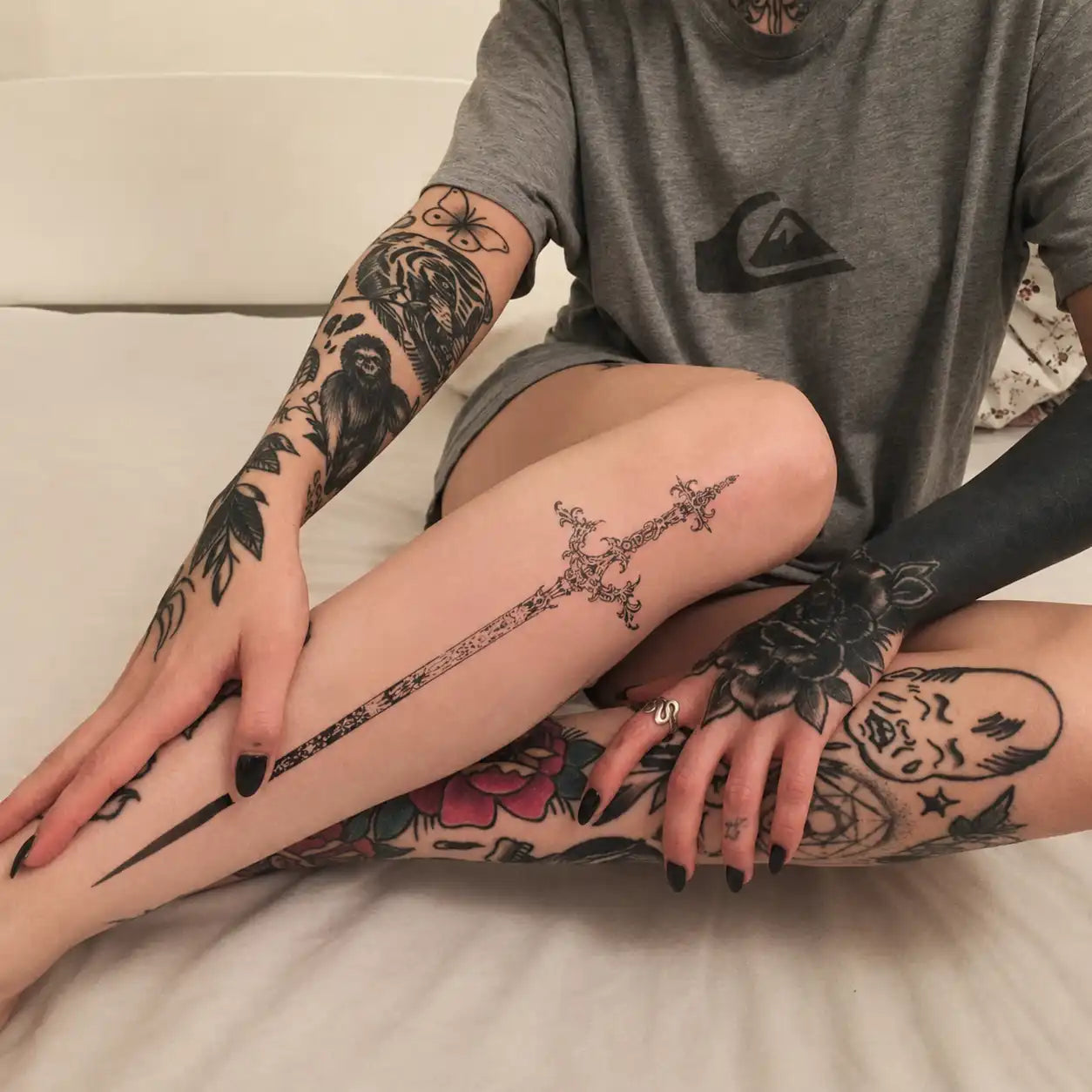 Long Sword Leg temporary tattoo, view 2 — Yuka Ink