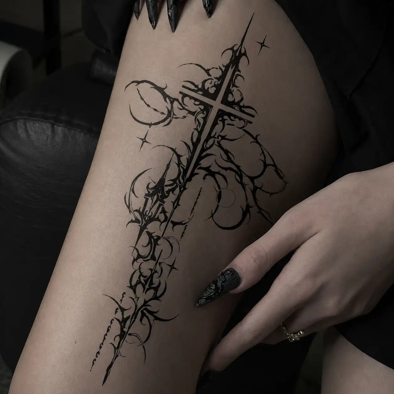 Sacred Thorn Leg temporary tattoo, view 2 — Yuka Ink