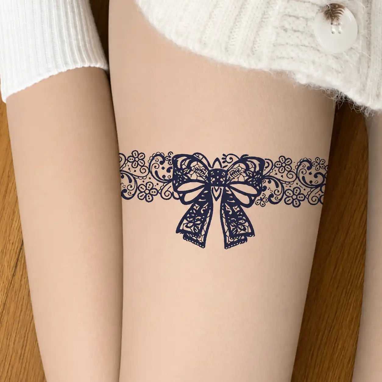 Lace Bow Leg temporary tattoo, view 2 — Yuka Ink