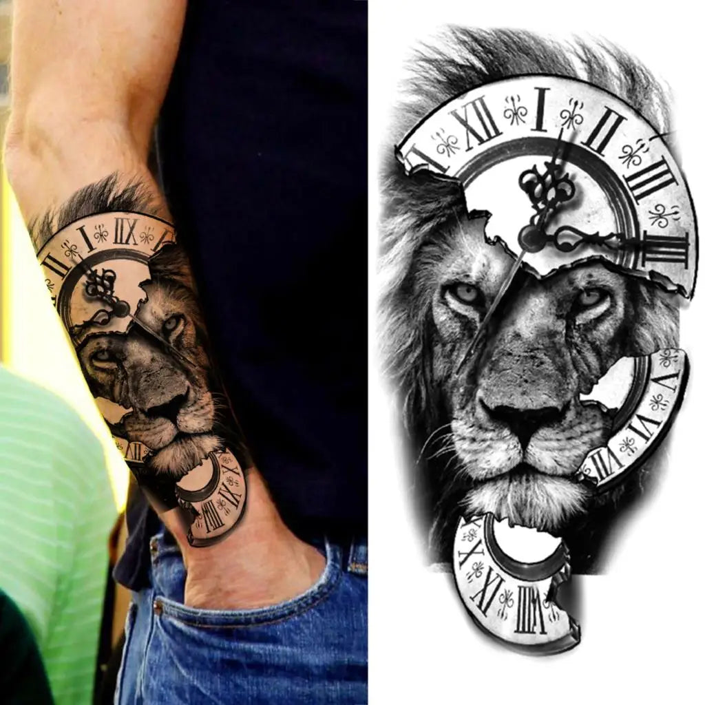 Lion Zodiac Clock Sleeve temporary tattoo — Yuka Ink