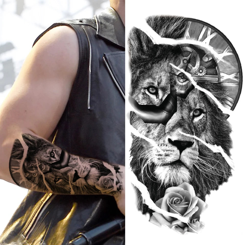 Lion Clock Rose Sleeve temporary tattoo — Yuka Ink