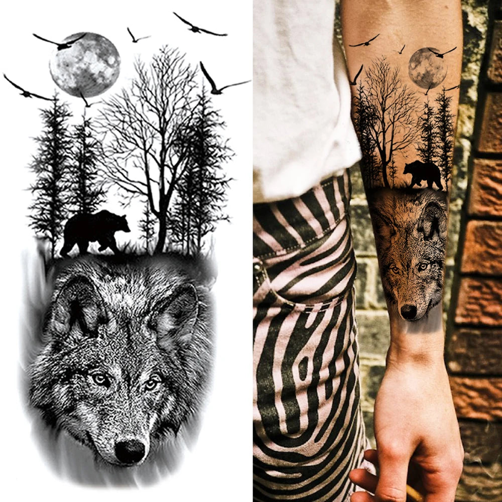 Moonlit Forest Wolf Sleeve temporary tattoo — Yuka Ink