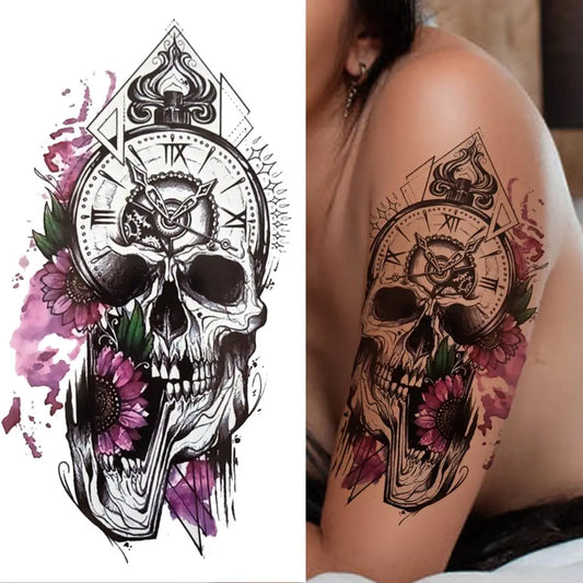 Skull Clock Floral Sleeve temporary tattoo — Yuka Ink