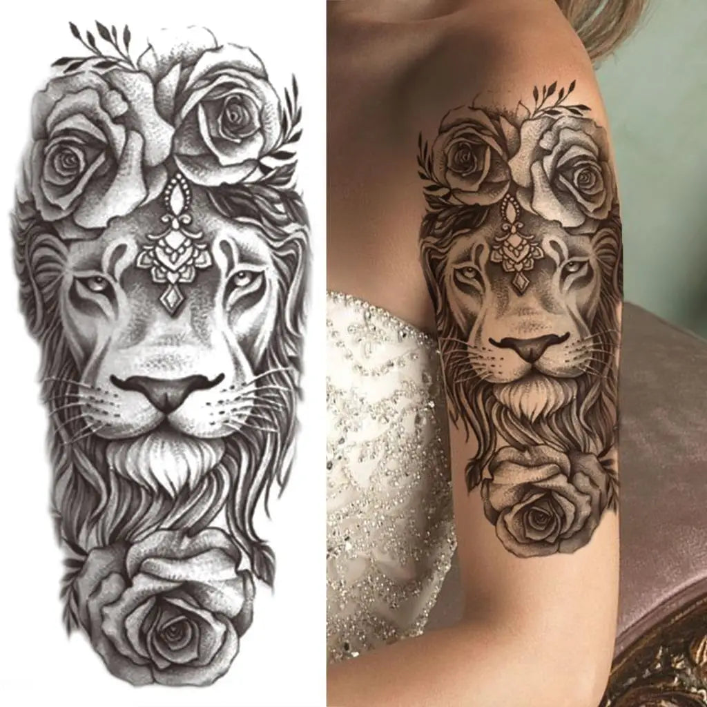 Floral Lioness Portrait Sleeve temporary tattoo — Yuka Ink
