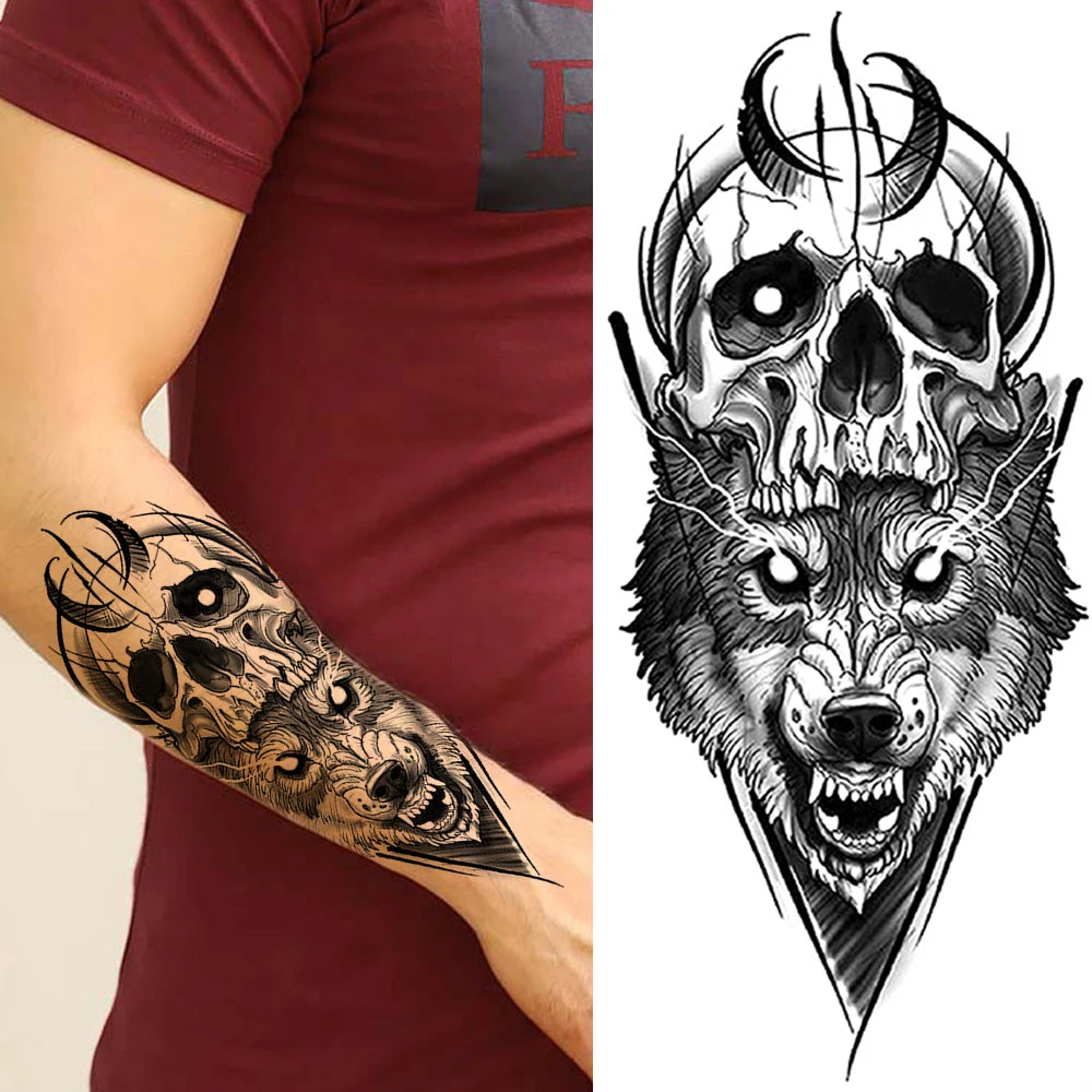 Skull Wolf Moon Sleeve temporary tattoo — Yuka Ink