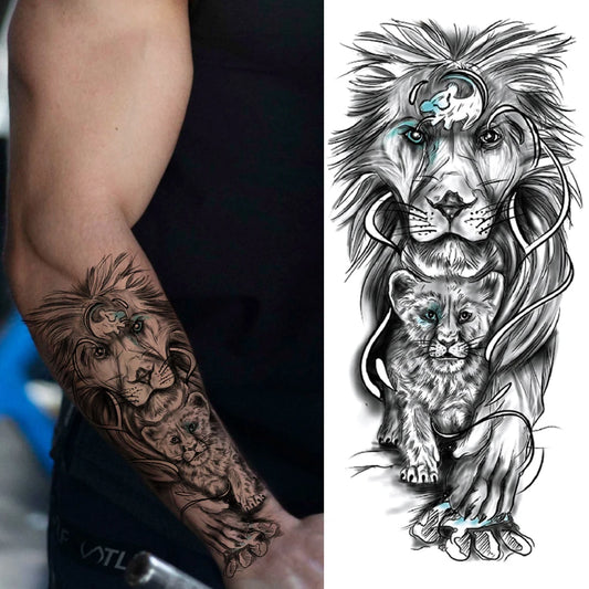 Lion & Cub Guardian Sleeve temporary tattoo — Yuka Ink