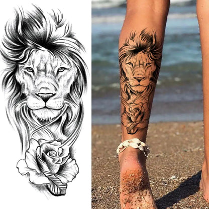 Lion Rose Linework Sleeve temporary tattoo — Yuka Ink