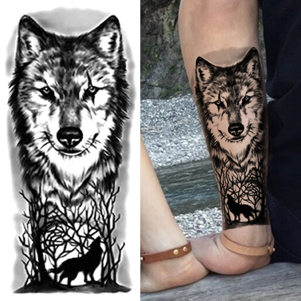 Forest Wolf Silhouette Sleeve temporary tattoo — Yuka Ink