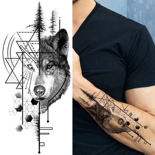 Geometric Forest Wolf Sleeve temporary tattoo — Yuka Ink