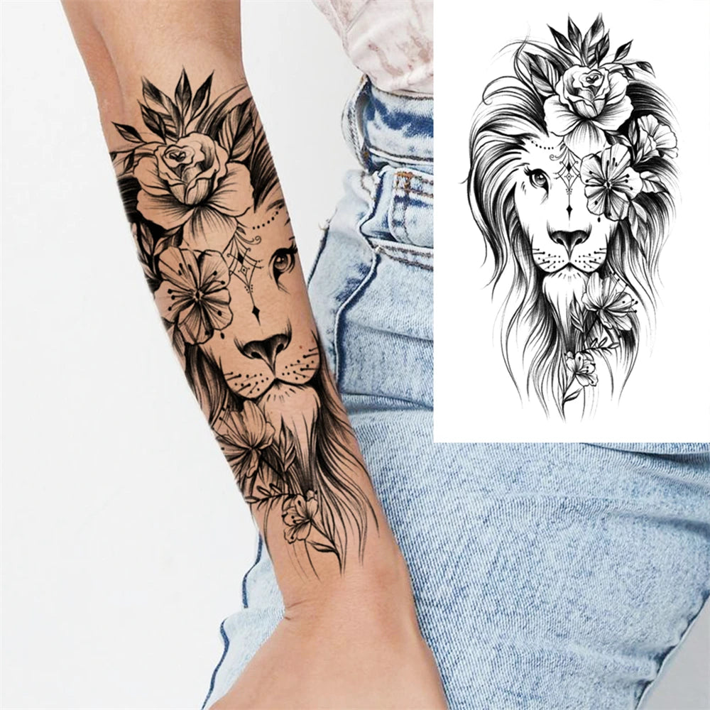 Floral Lioness Linework Sleeve temporary tattoo — Yuka Ink