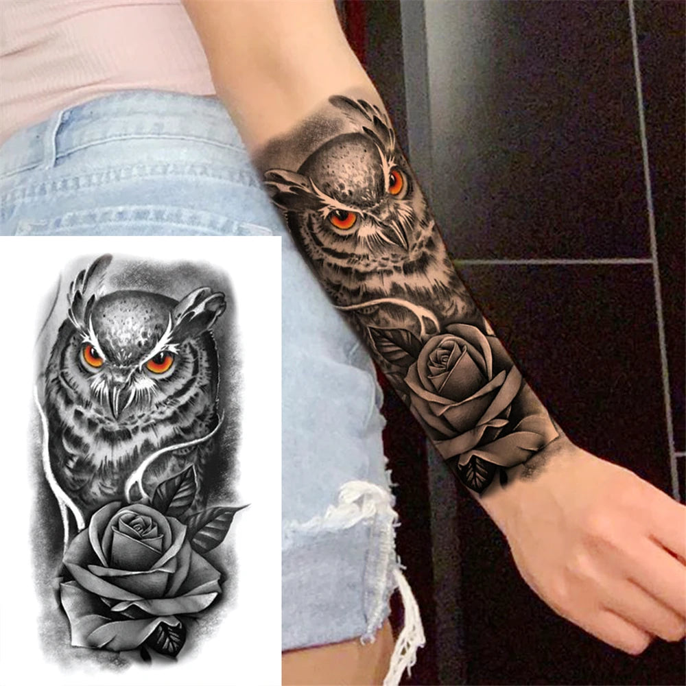 Owl Rose Shadow Sleeve temporary tattoo — Yuka Ink