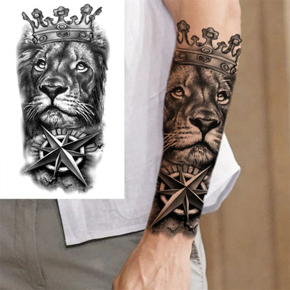 Crowned Lion Compass Sleeve temporary tattoo — Yuka Ink