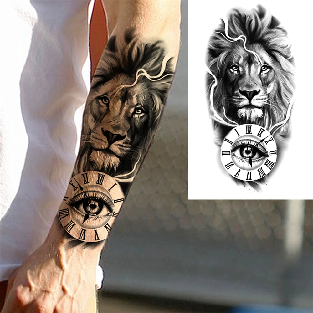 Lion Eye Clock Sleeve temporary tattoo — Yuka Ink